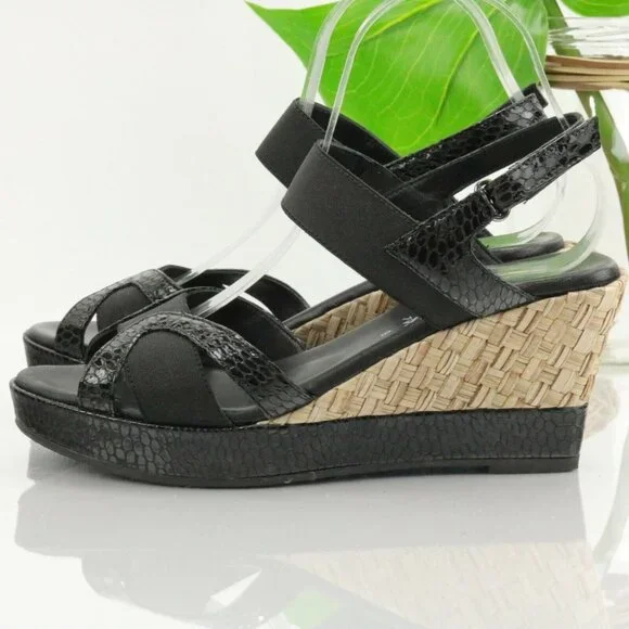 Aquatalia Womens Neve Sandal Size 9 Black Leather Snakeskin Wedge Heel Platform - Picture 8 of 11